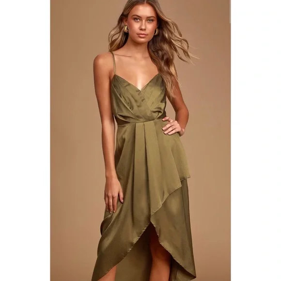 olive green satin wrap dress Midi Crushed Satin Wrap Dress – Scotch & Soda main image 0